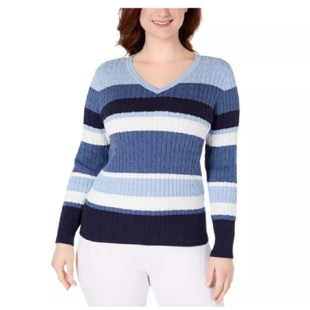 Karen Scott Blouse Sweater Plus Size XXL Cable Knit Blue Striped Long Sleeve
